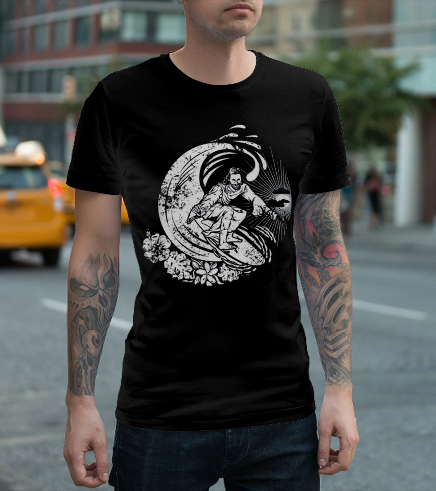 Surfing Jesus Riding Vintage Distressed Wave with Flowers T-Shirt