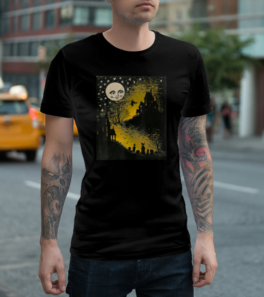 Sweet n' Spooky Vintage Style Halloween Moon Witch Silhouette Scene T-Shirt