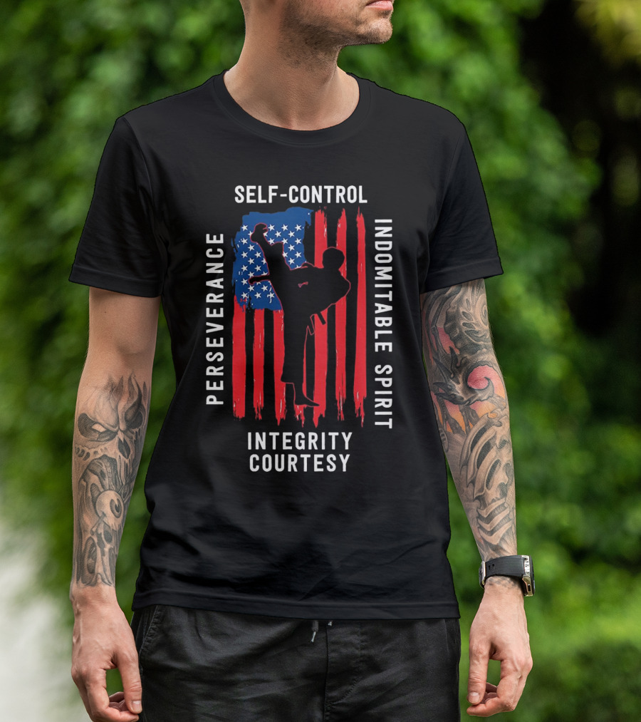 Taekwondo 5 Tenets Perseverance Self-Control Indomitable Spirit Integrity Courtesy USA Martial Arts T-Shirt