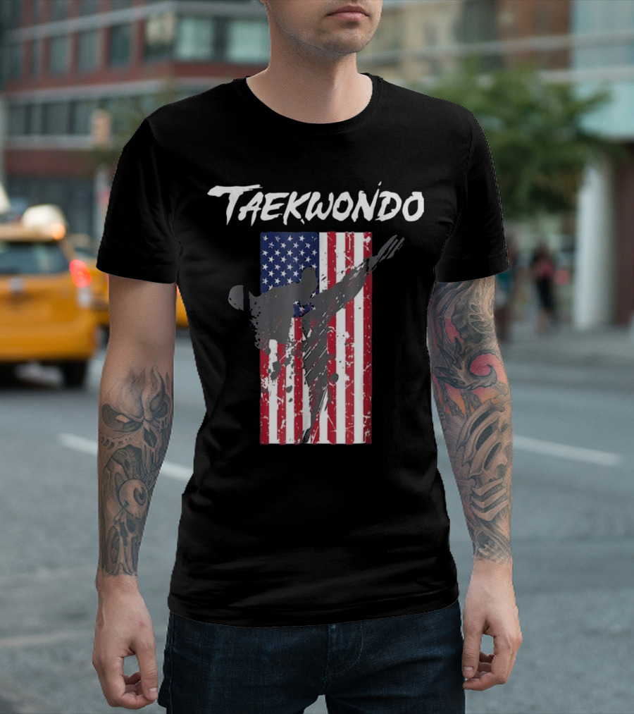 Taekwondo Sparring with American Flag Background Emblem T-Shirt