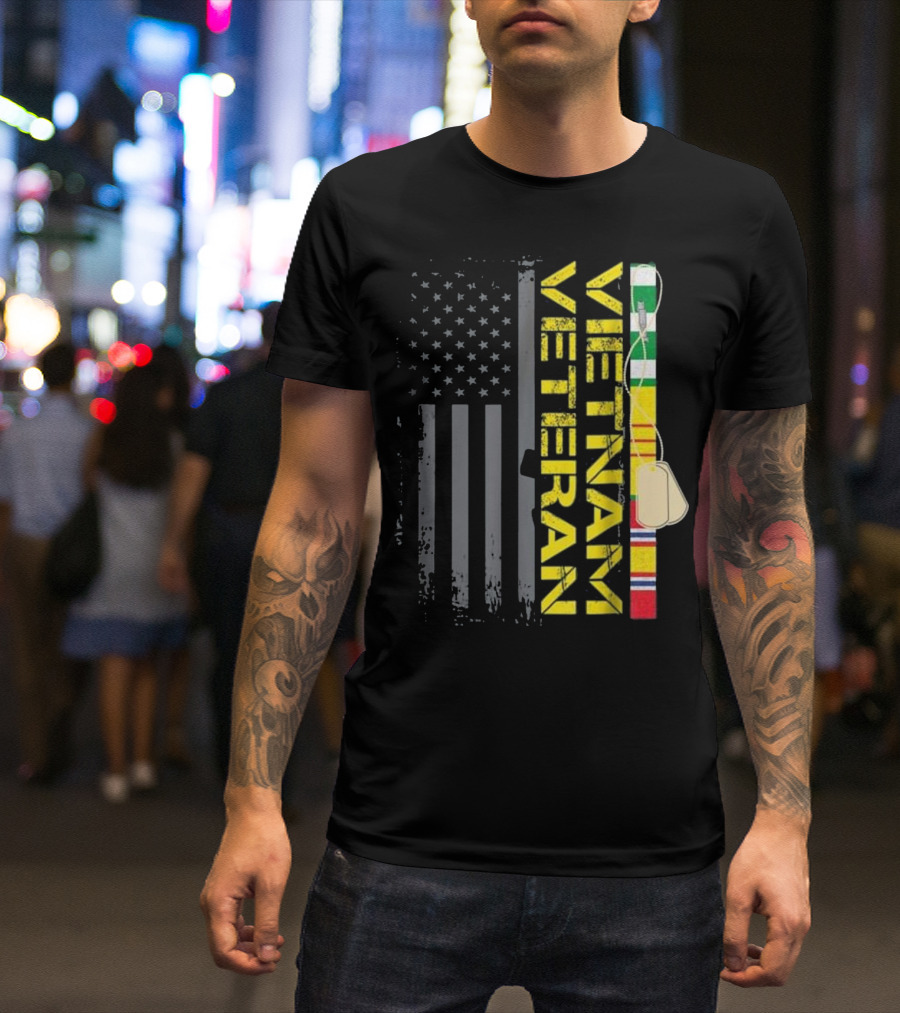 Vietnam Veteran US Flag With Service Medals Dog Tags T-Shirt