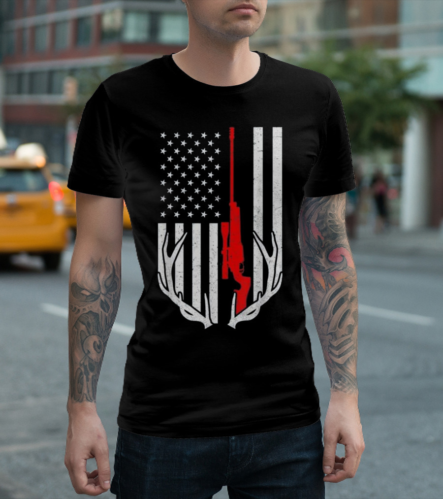 Vintage American Flag Deer Antler Rifle Hunting Camping T-Shirt