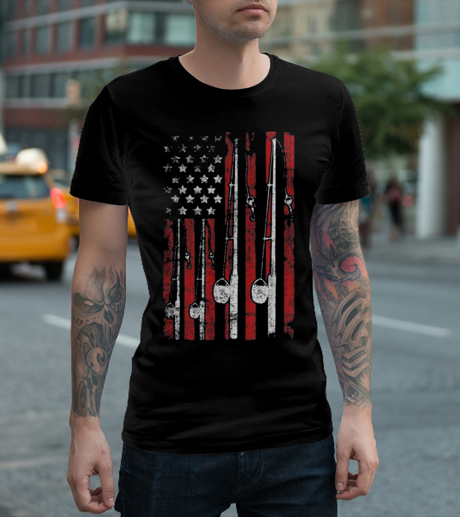 Vintage American Flag Patriotic Fishing Pole T-Shirt