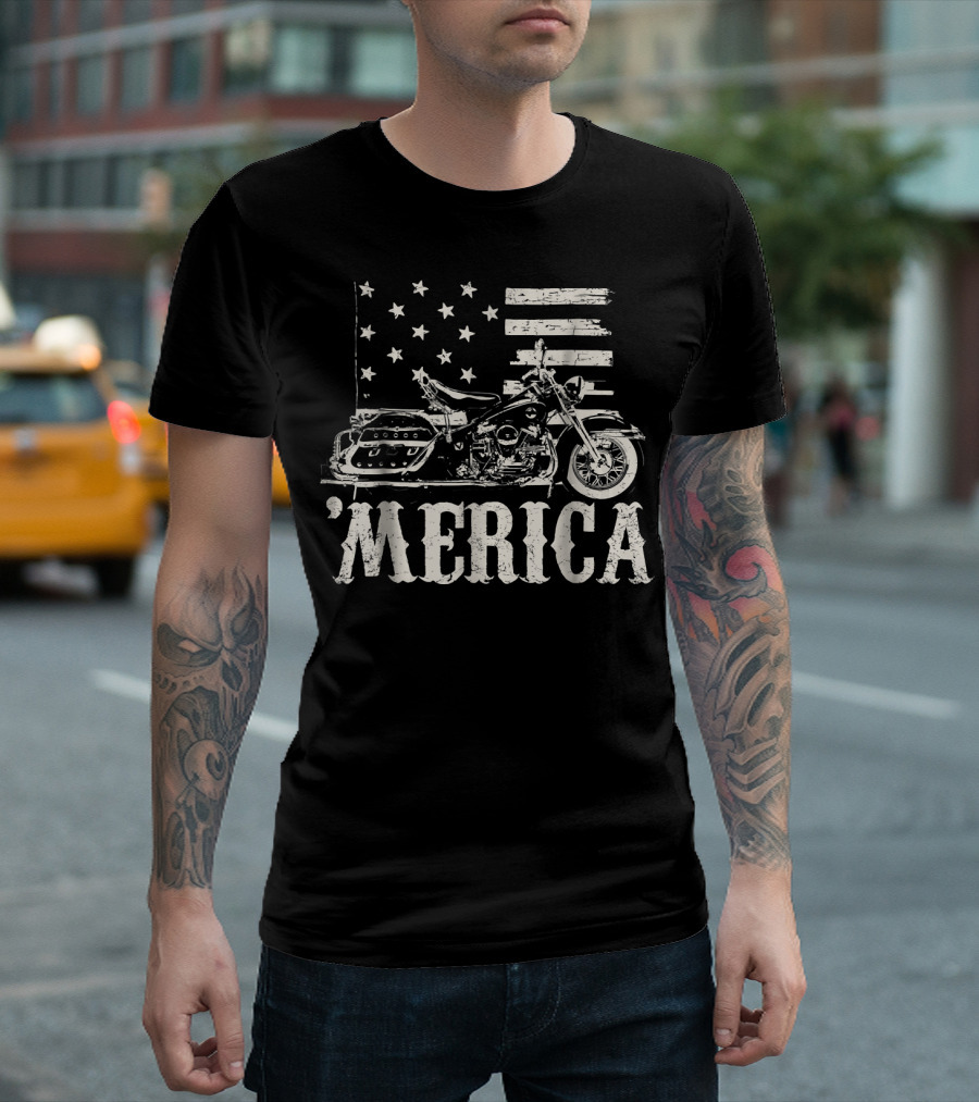 'Merica Vintage American Motorcycle with Flag T-Shirt