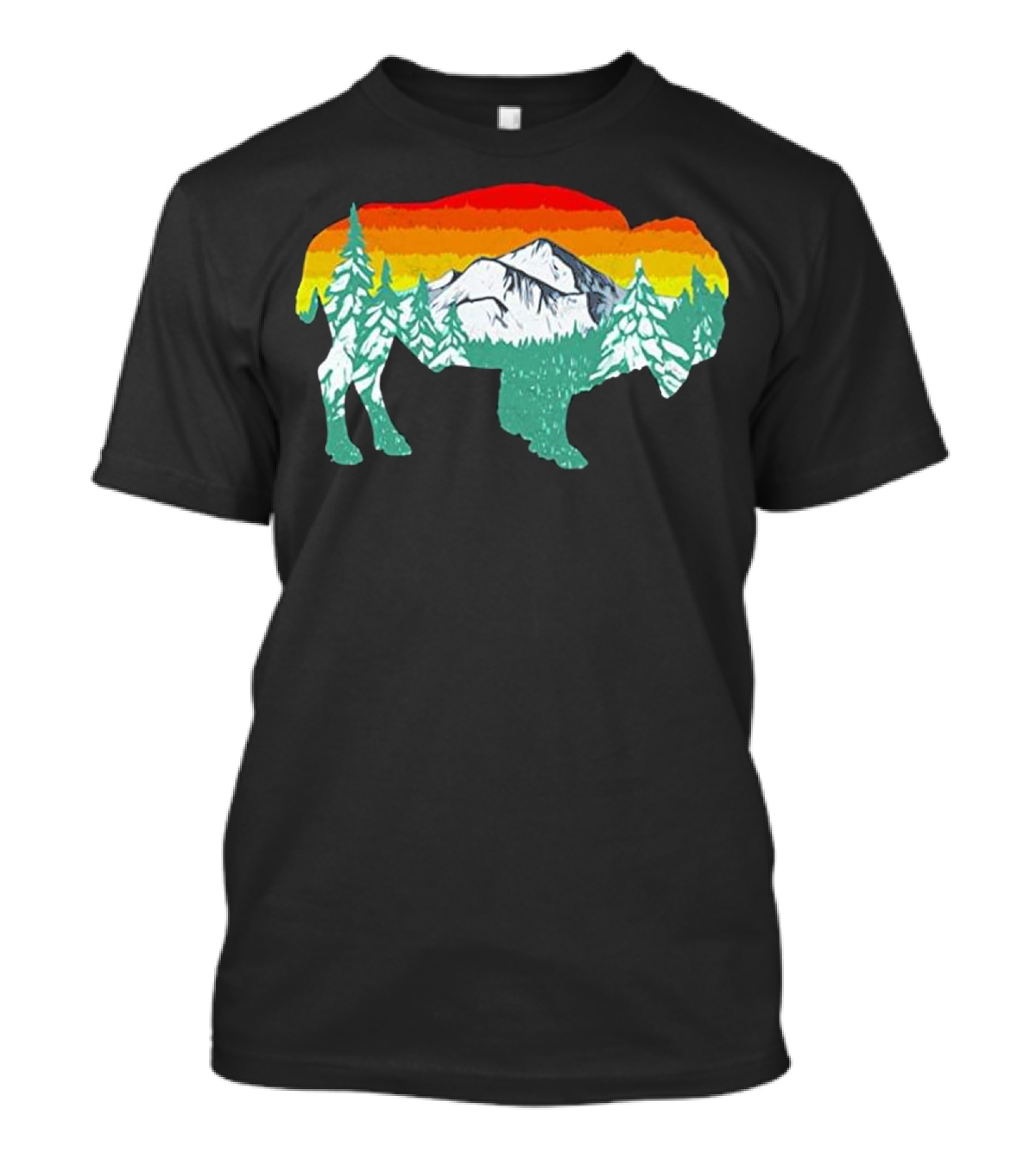 Vintage Bison Landscape American Buffalo With Mountain And Forest Scene T-Shirt