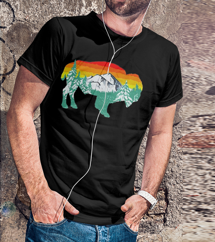 Vintage Bison Landscape American Buffalo With Mountain And Forest Scene T-Shirt