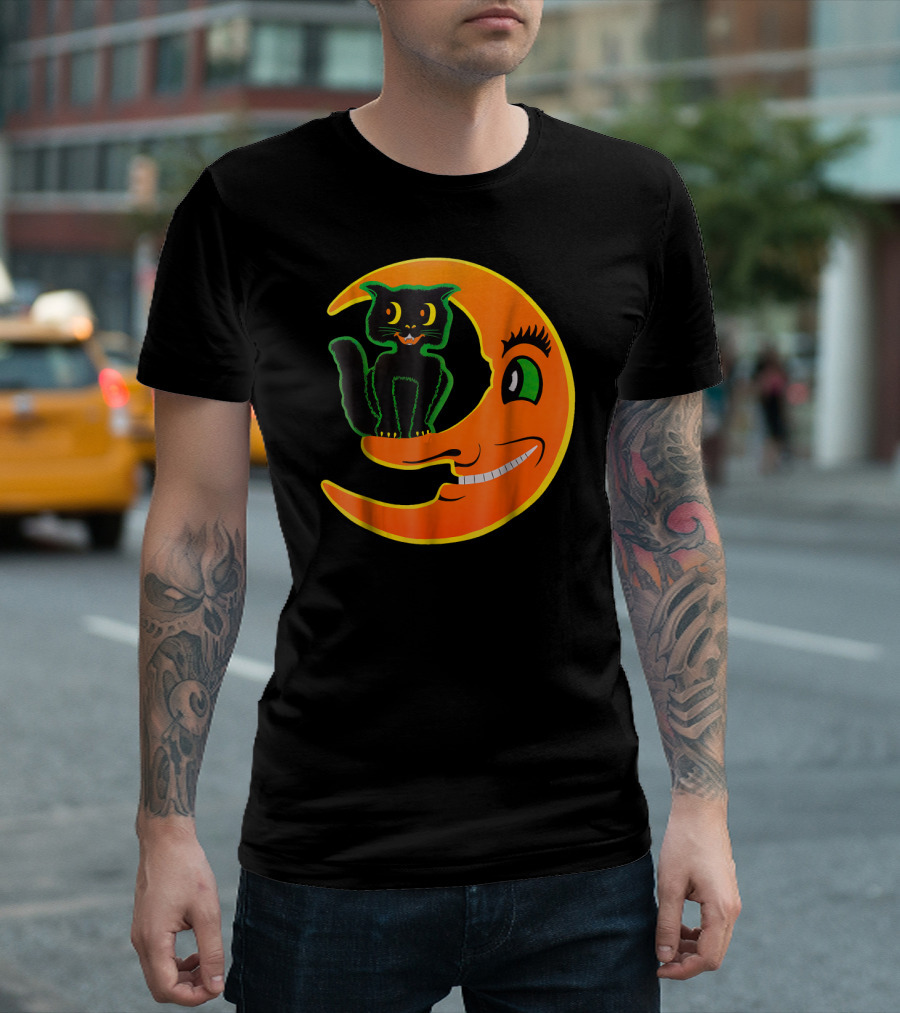 Vintage Halloween Beistle Black Cat Sitting on Smiling Crescent Moon T-Shirt