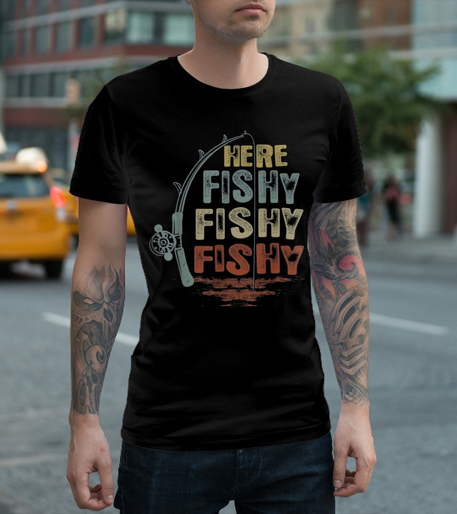Vintage Here Fishy Fishy Fishy Fishing Rod T-Shirt