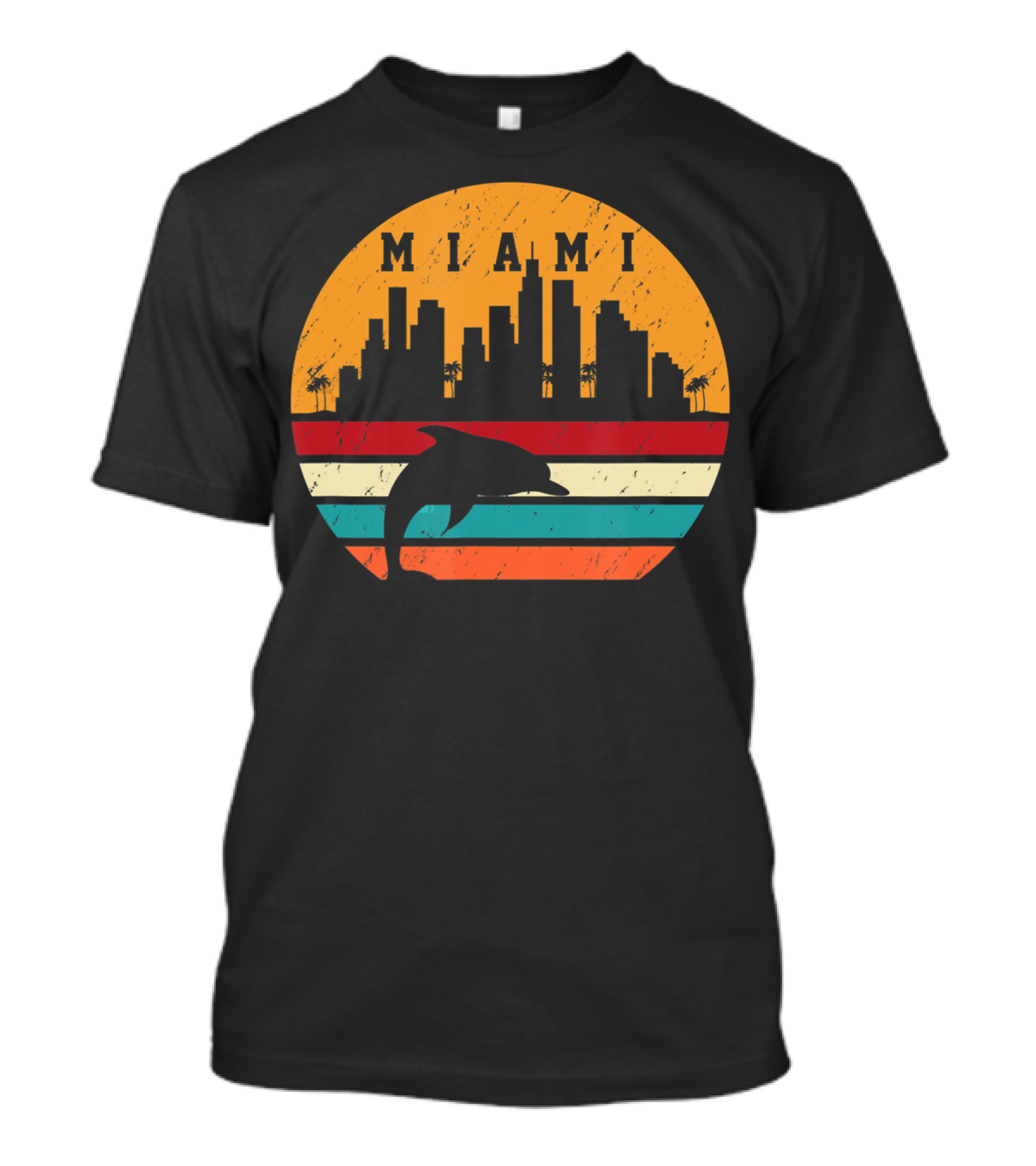 Vintage Miami 80s Dolphin Silhouette City Skyline Sunset Retro Stripes T-Shirt