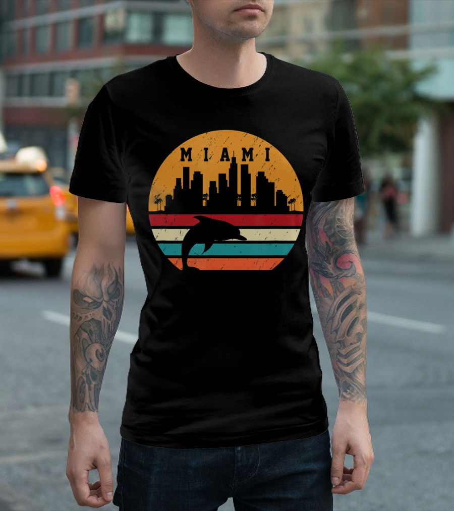 Vintage Miami 80s Dolphin Silhouette City Skyline Sunset Retro Stripes T-Shirt