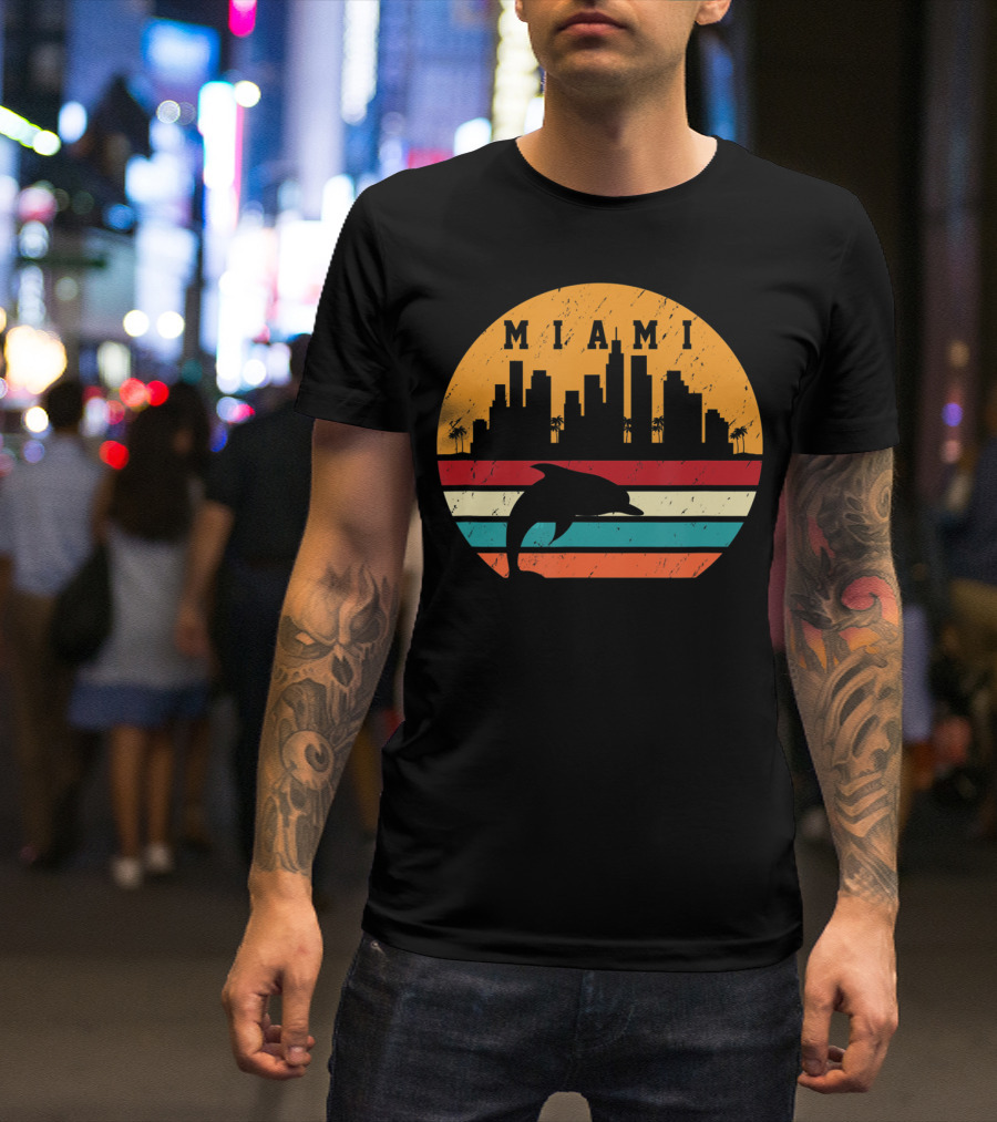 Vintage Miami 80s Dolphin Silhouette City Skyline Sunset Retro Stripes T-Shirt