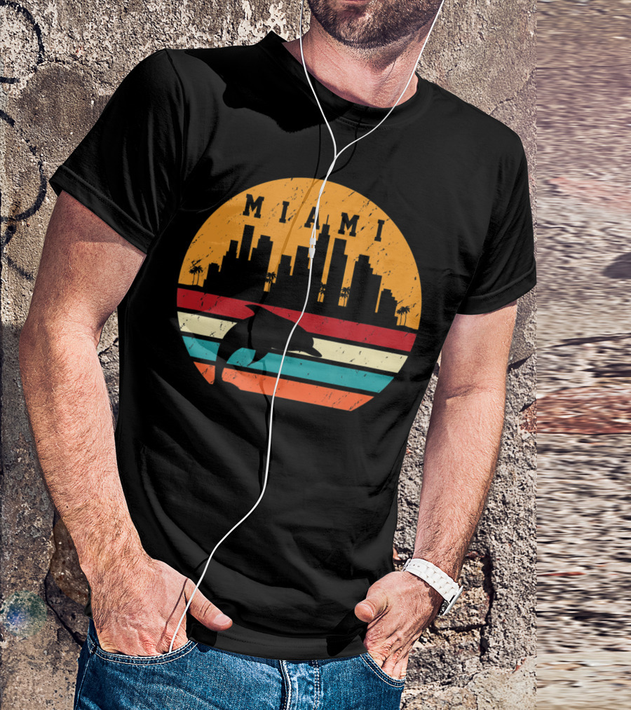 Vintage Miami 80s Dolphin Silhouette City Skyline Sunset Retro Stripes T-Shirt