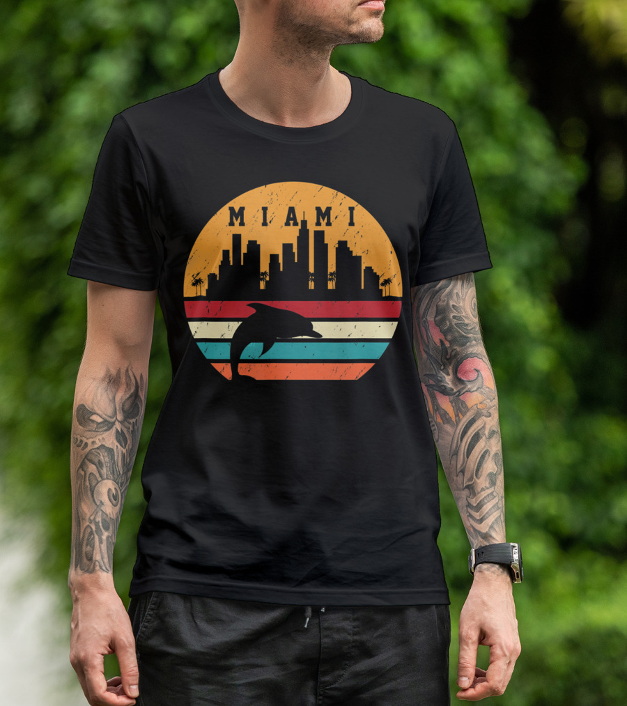 Vintage Miami 80s Dolphin Silhouette City Skyline Sunset Retro Stripes T-Shirt