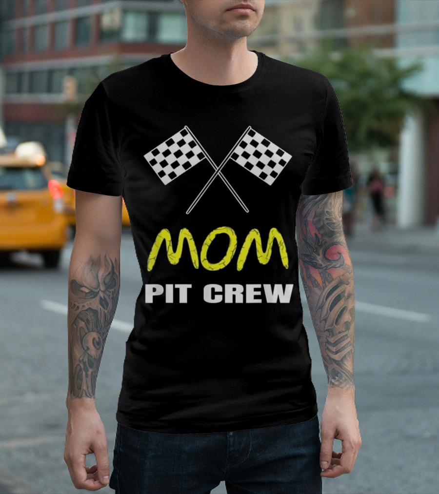 Vintage Mom Pit Crew Checkered Race Flag Crossing T-Shirt