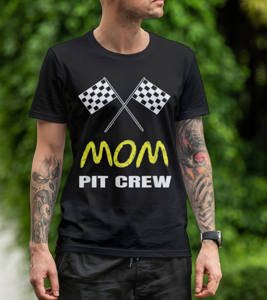 Vintage Mom Pit Crew Checkered Race Flag Crossing T-Shirt