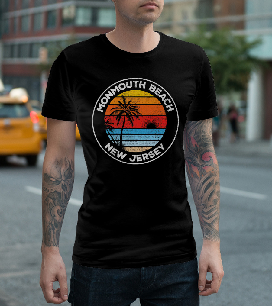 Monmouth Beach New Jersey Sunset Palm Circle Vintage Souvenir T-Shirt