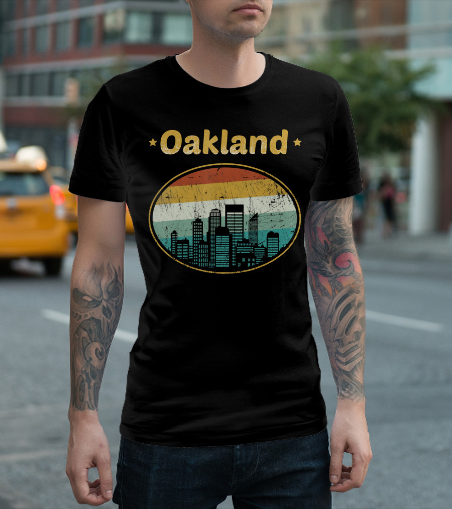Retro Oakland California Skyline with Distressed Rainbow Oval T-Shirt