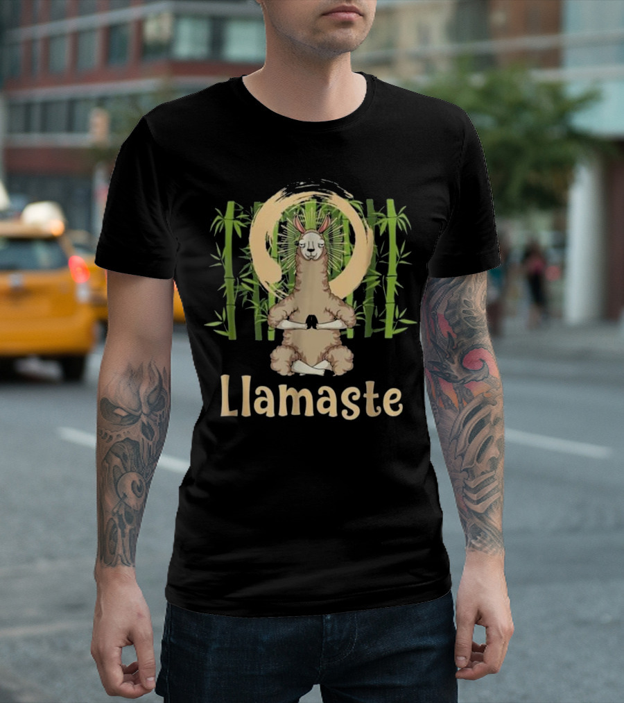 Yoga Llama Llamaste Animal Lover Zen Meditation Bamboo Moon T-Shirt