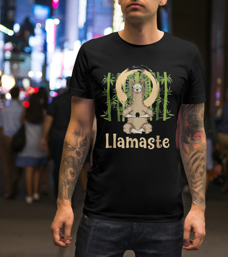 Yoga Llama Llamaste Animal Lover Zen Meditation Bamboo Moon T-Shirt