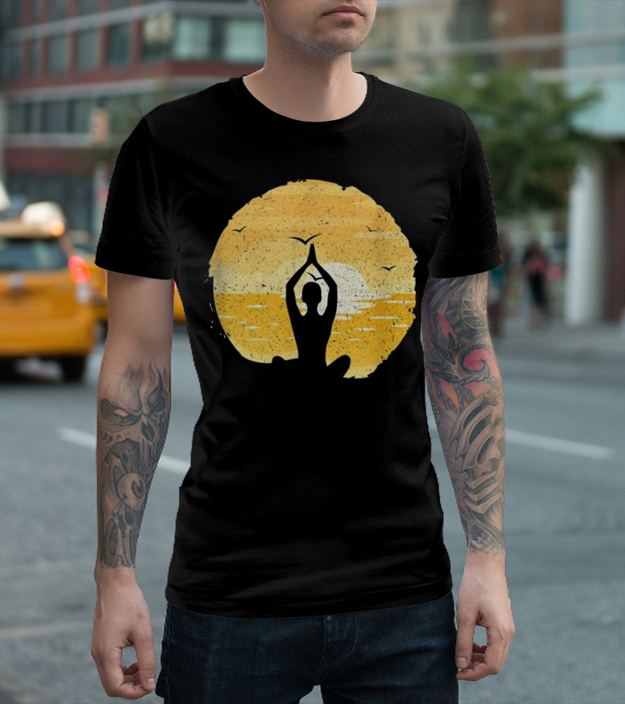 Yoga Meditation Silhouette at Sunset with Birds on Horizon T-Shirt