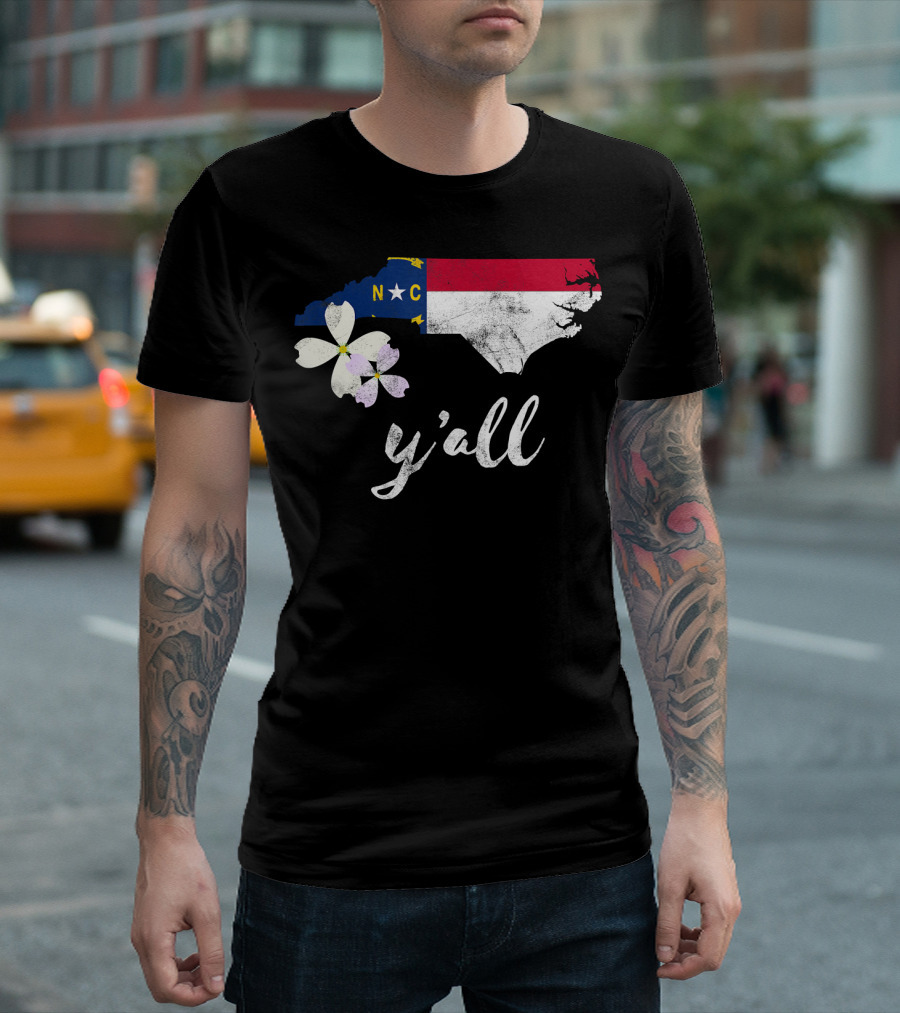 Vintage North Carolina Map with State Flower and Y'all T-Shirt