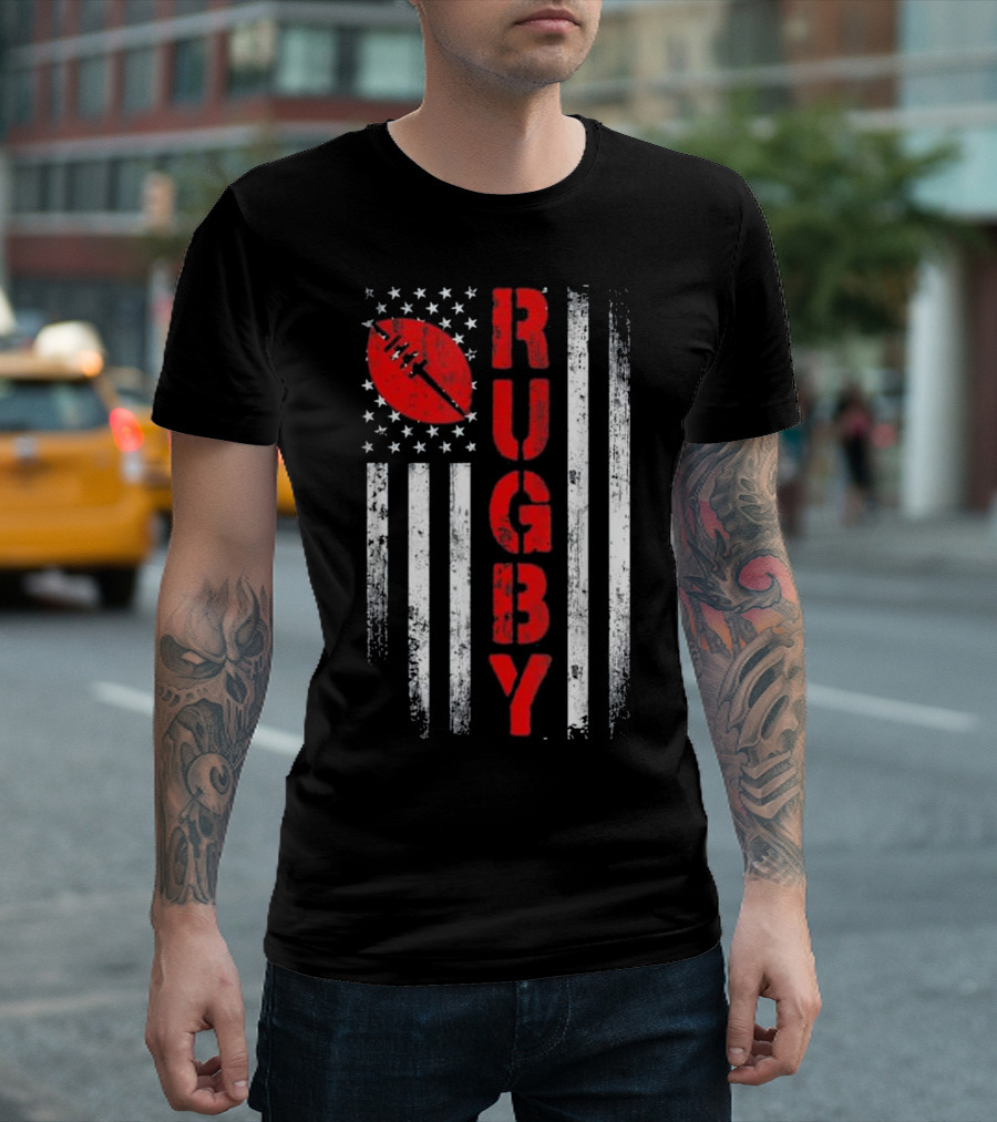 Vintage USA American Flag Rugby With Ball Rugby Stars Stripes T-Shirt
