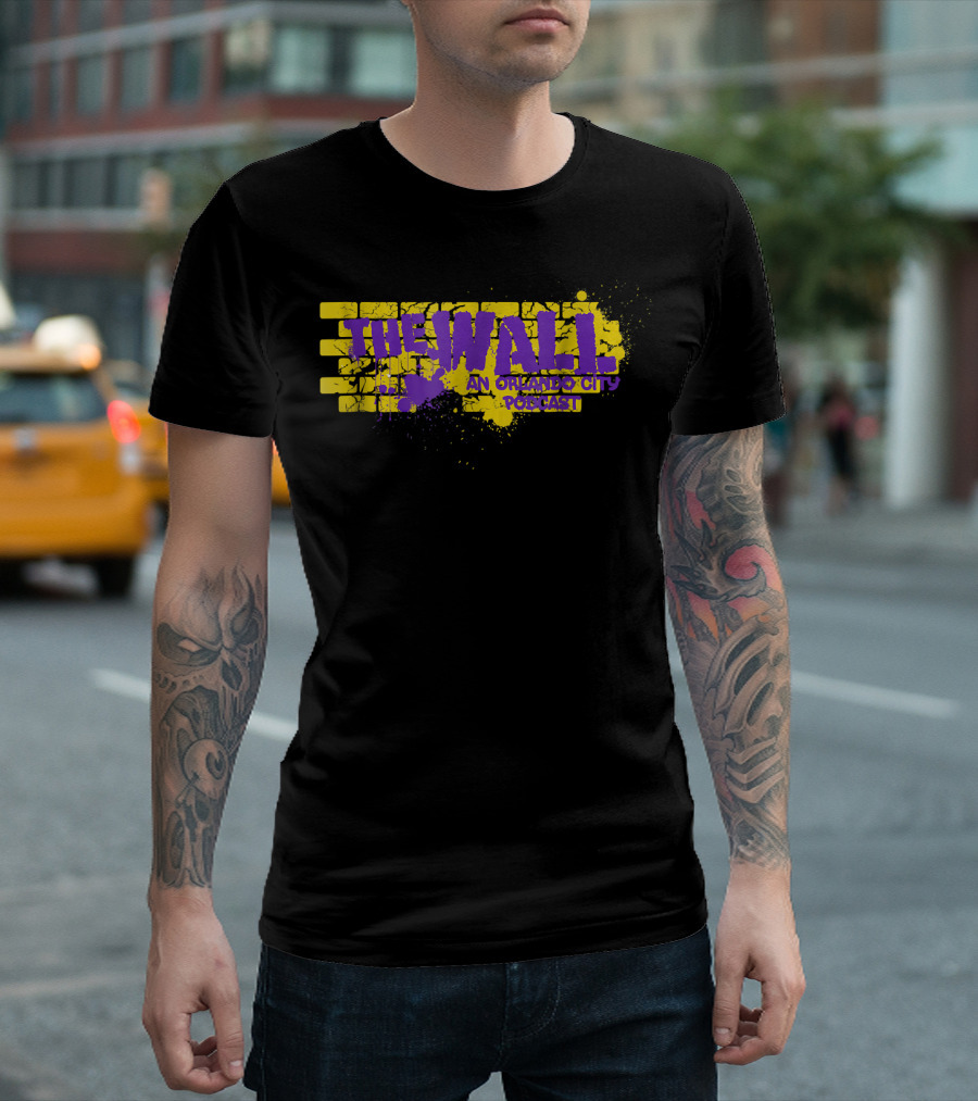 The Wall An Orlando City Podcast Yellow and Purple Brick Text with Splatter T-Shirt