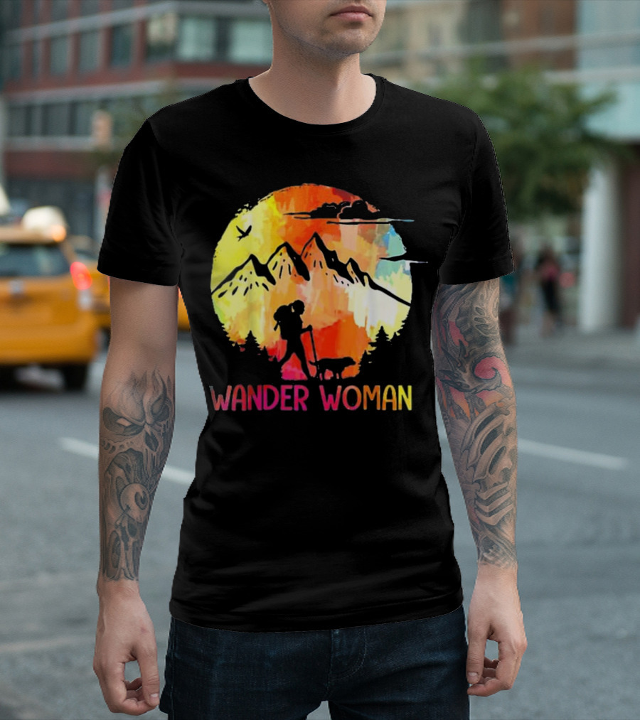 Wander Woman Hiking with Dog Mountain Sunset Adventure T-Shirt