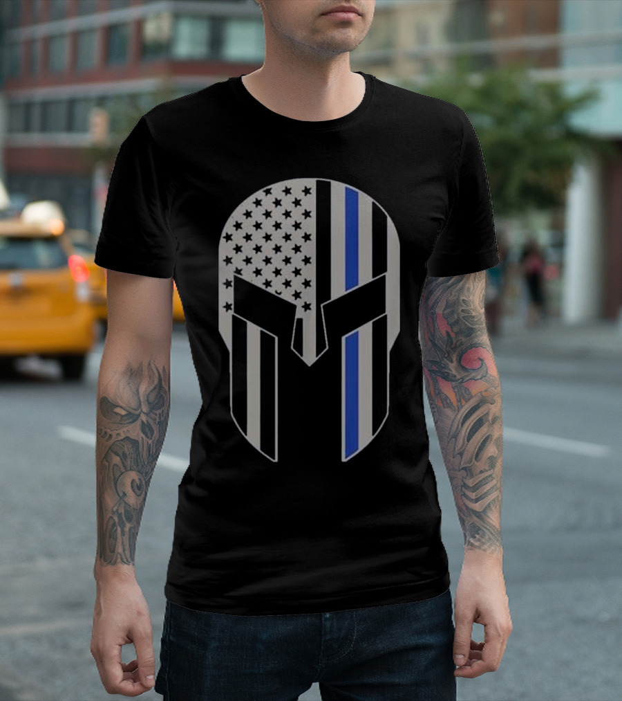 Warrior Helmet American Flag Thin Blue Line Police T-Shirt