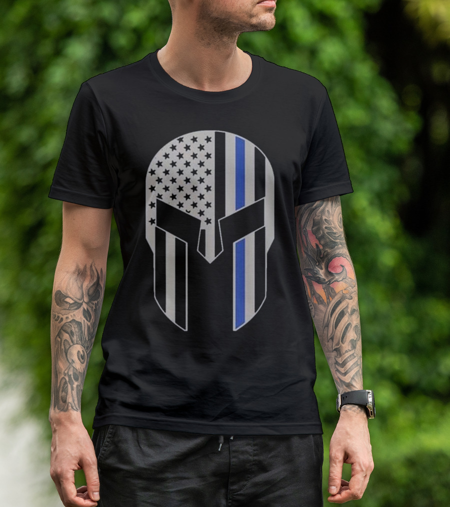 Warrior Helmet American Flag Thin Blue Line Police T-Shirt