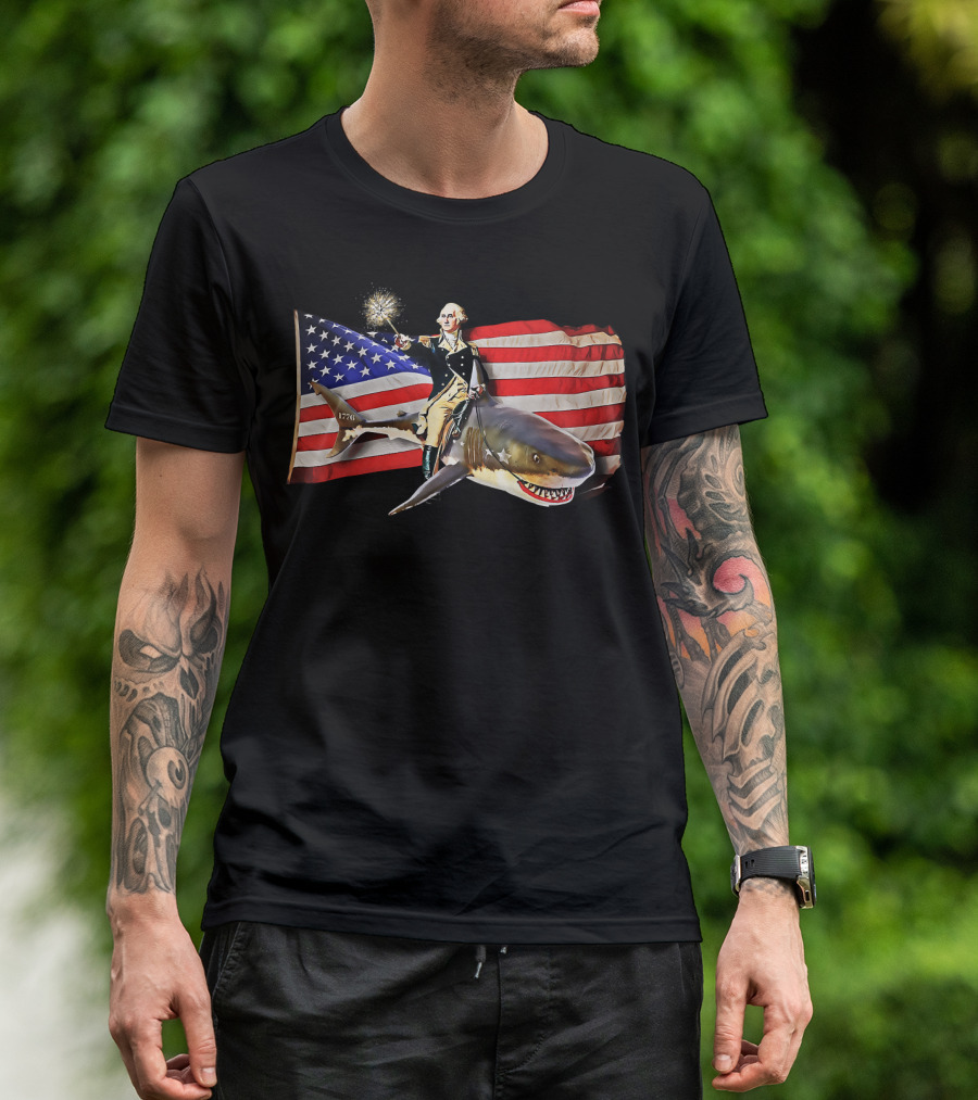 George Washington Riding Shark American Flag 1776 Sparkler T-Shirt