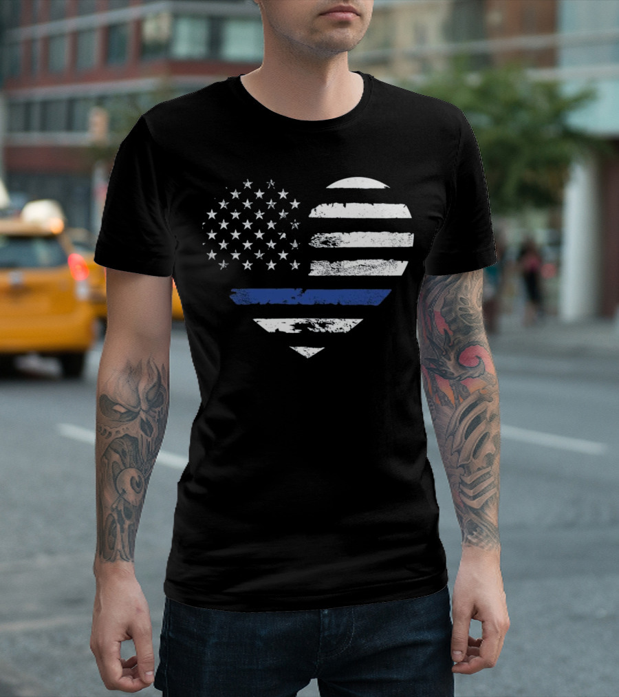 Thin Blue Line Heart American Flag Police Officer T-Shirt