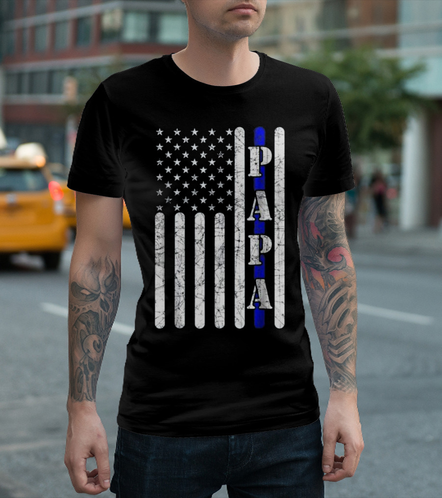 Thin Blue Line Papa Vintage American Flag Police T-Shirt