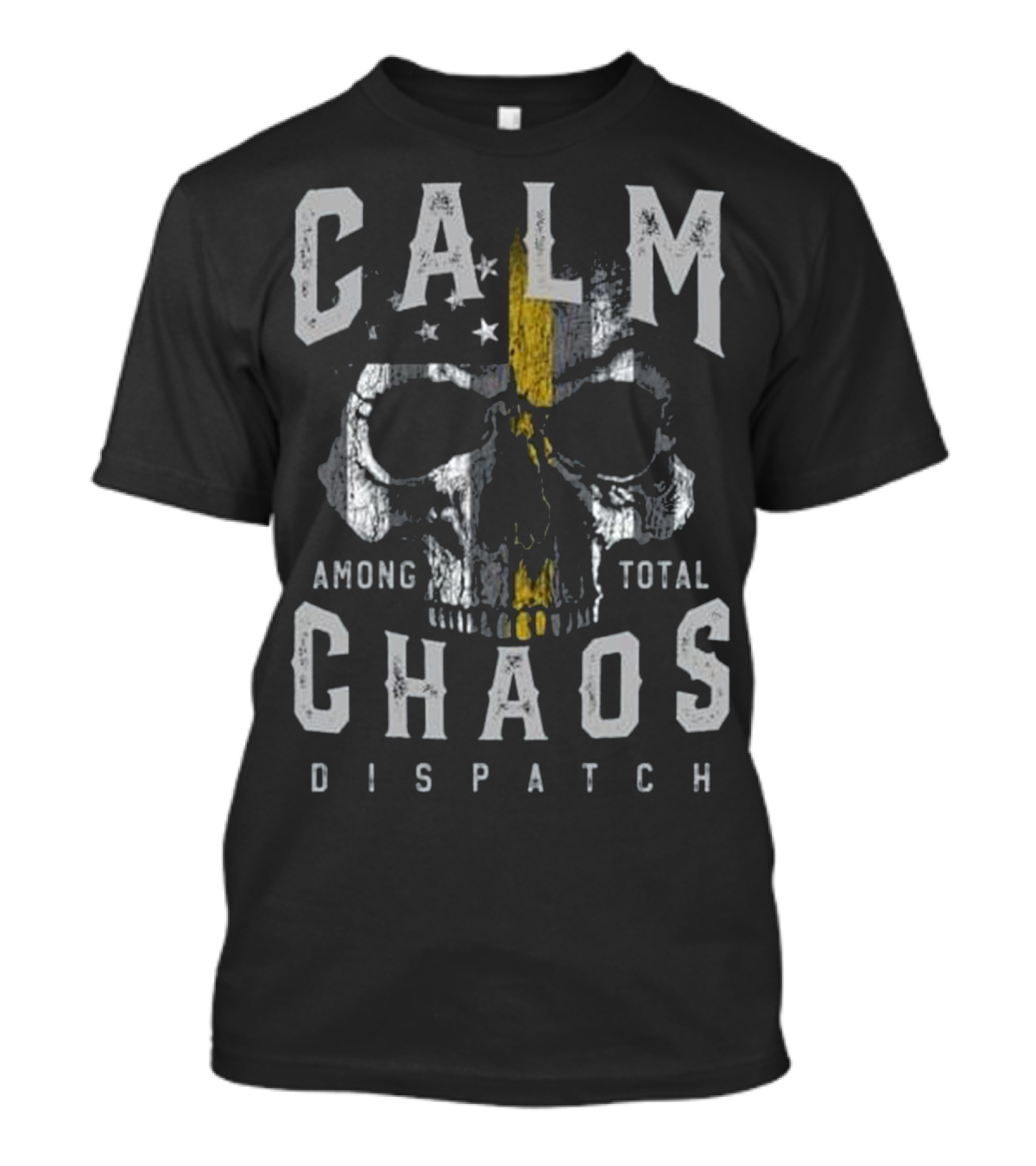 Calm Among Total Chaos Dispatch Thin Gold Line LEO Emergency Dispatcher T-Shirt