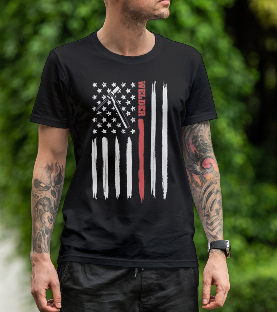 Welding Cool Tig Welder Torch Pipeliner American Flag T-Shirt