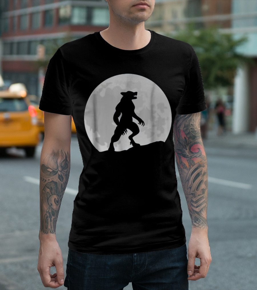 Werewolf Silhouette Against Full Moon Sky T-Shirt