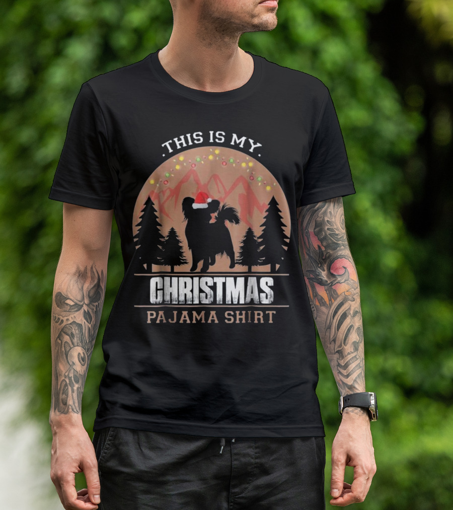 This Is My Christmas Pajama Shirt Papillon Dog Santa Hat Holiday Lights T-Shirt