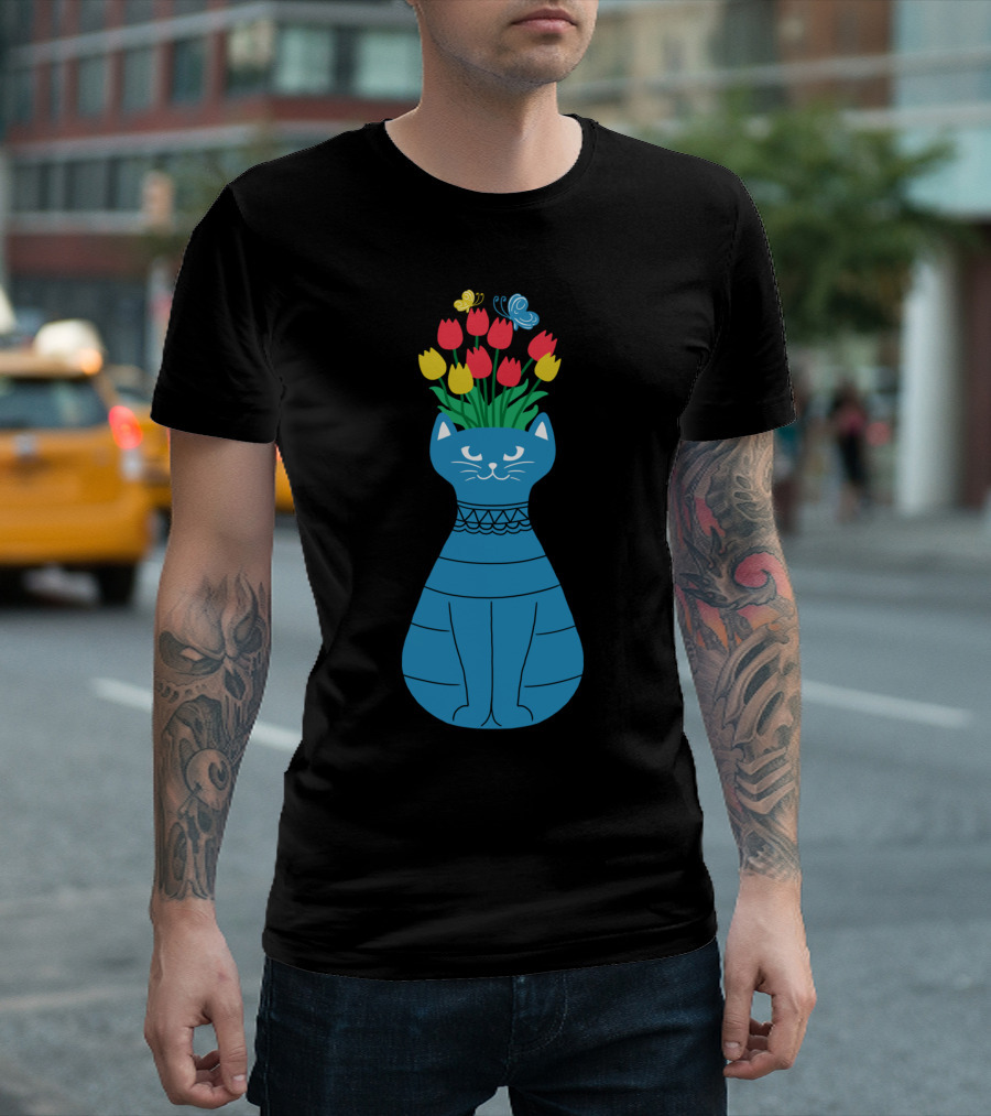 Cat Vase with Tulips and Butterflies T-Shirt