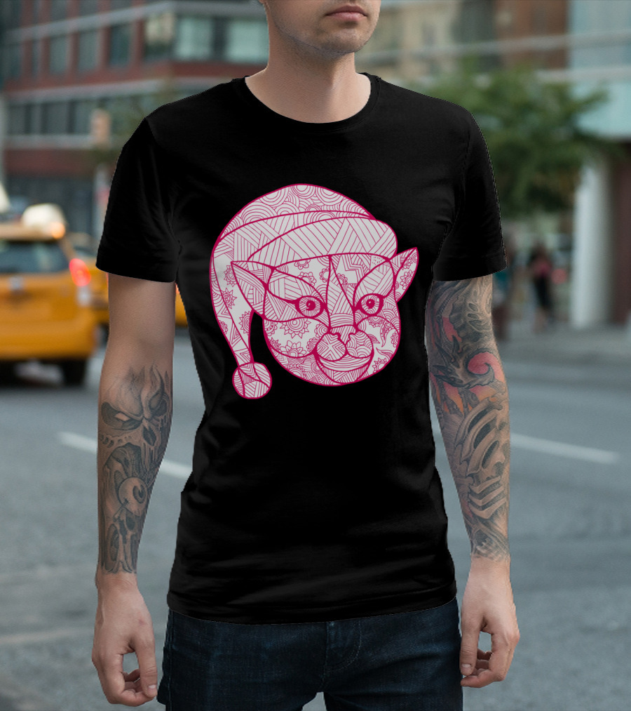Cat Wearing Santa Hat Mandala T-Shirt