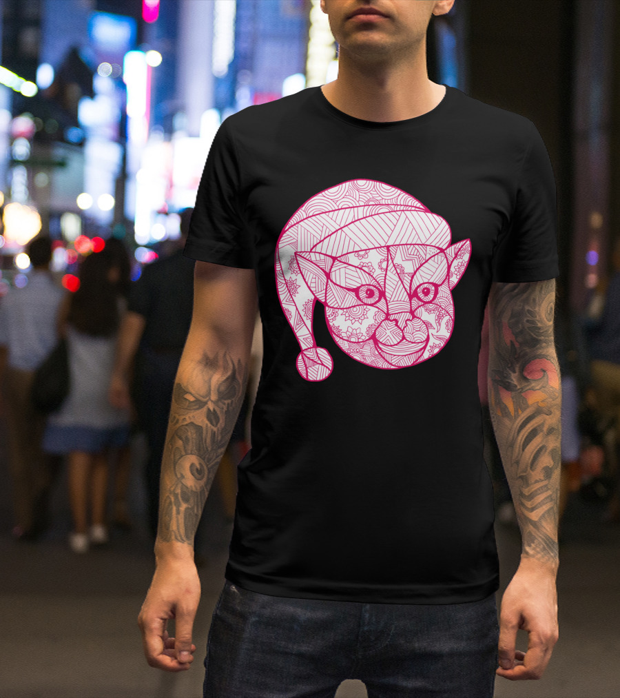 Cat Wearing Santa Hat Mandala T-Shirt