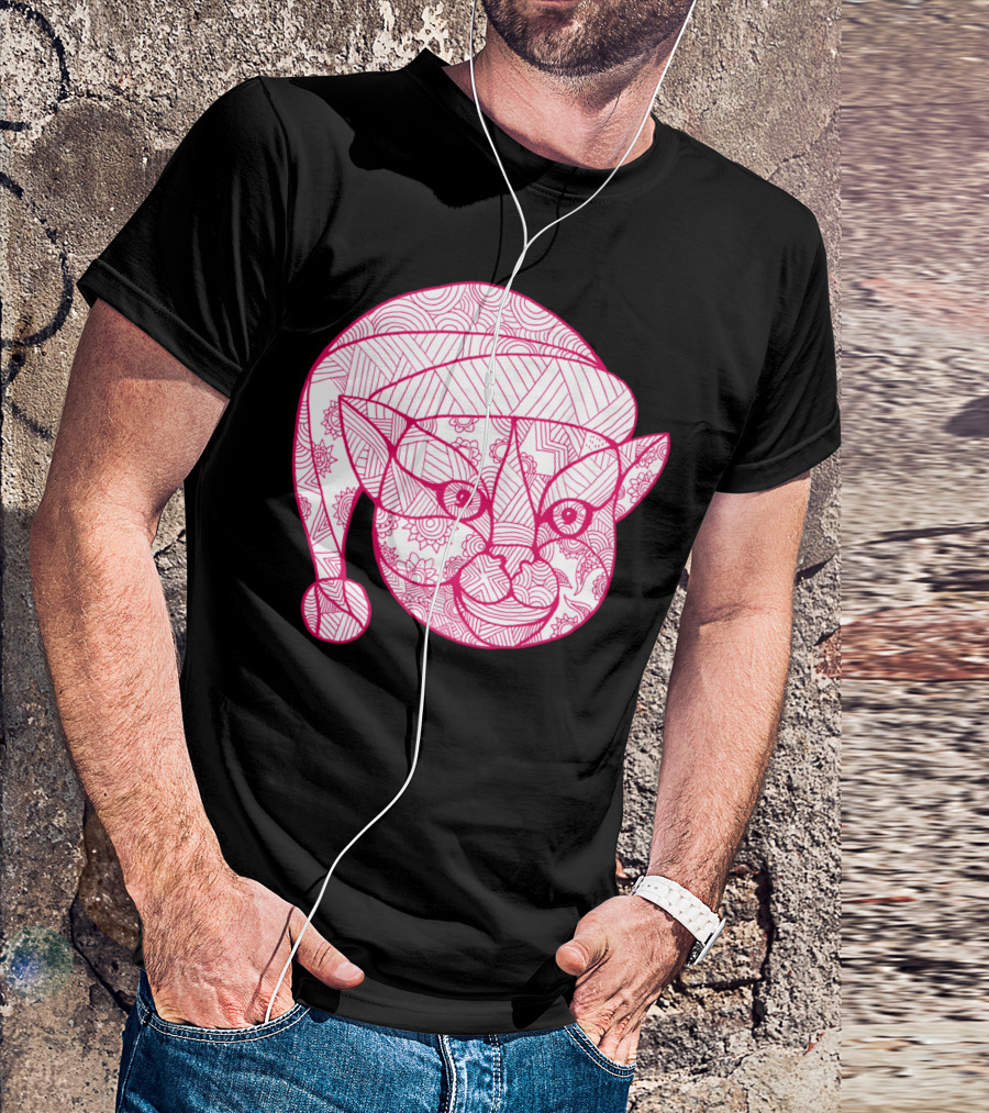 Cat Wearing Santa Hat Mandala T-Shirt