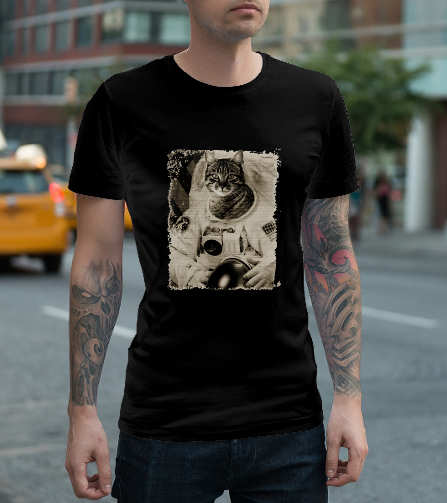 Catronaut Space Cat in Astronaut Suit with American Flag Patch T-Shirt