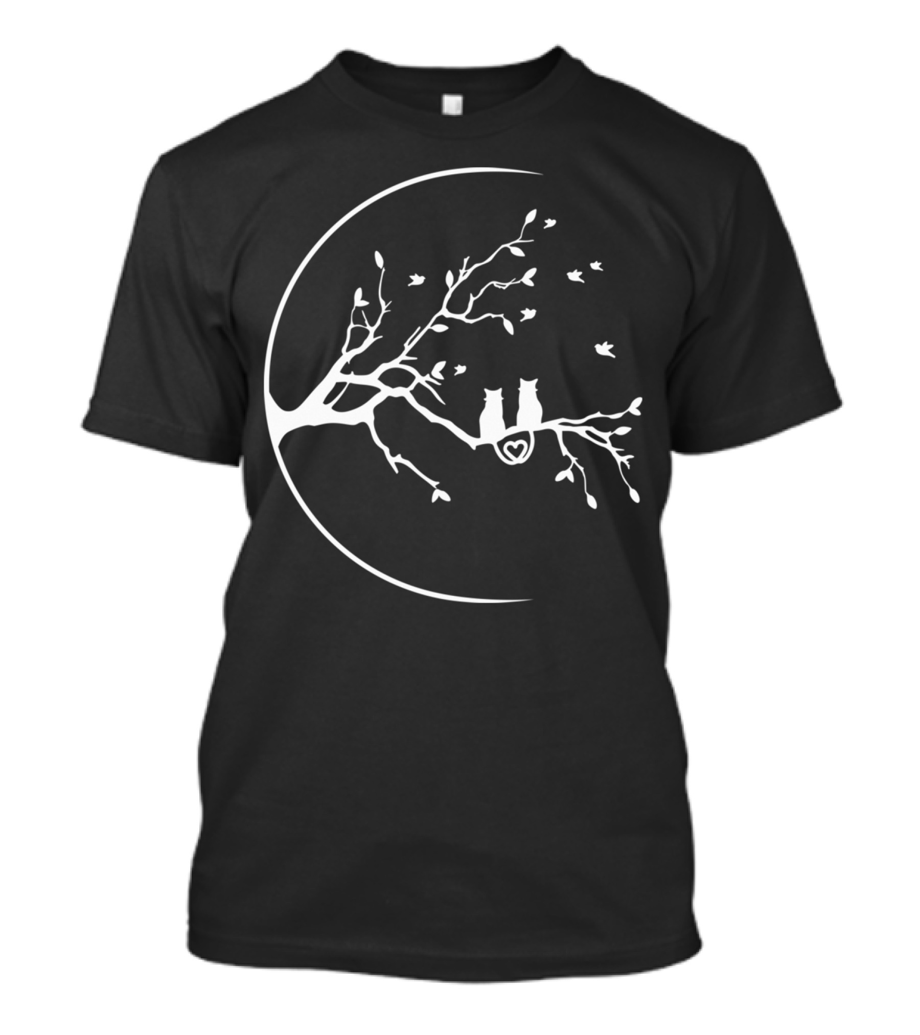 Cats On Tree Branch With Crescent Moon And Heart T-Shirt