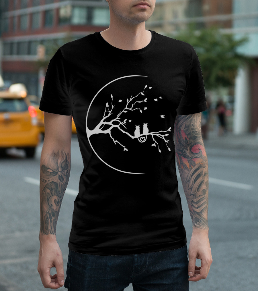 Cats On Tree Branch With Crescent Moon And Heart T-Shirt