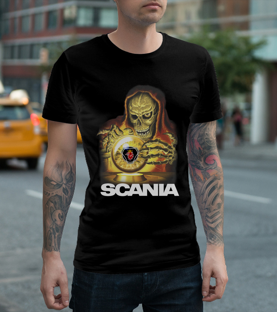 SCANIA Skeleton Hooded Figure with Crystal Ball and Red Lion Emblem T-Shirt