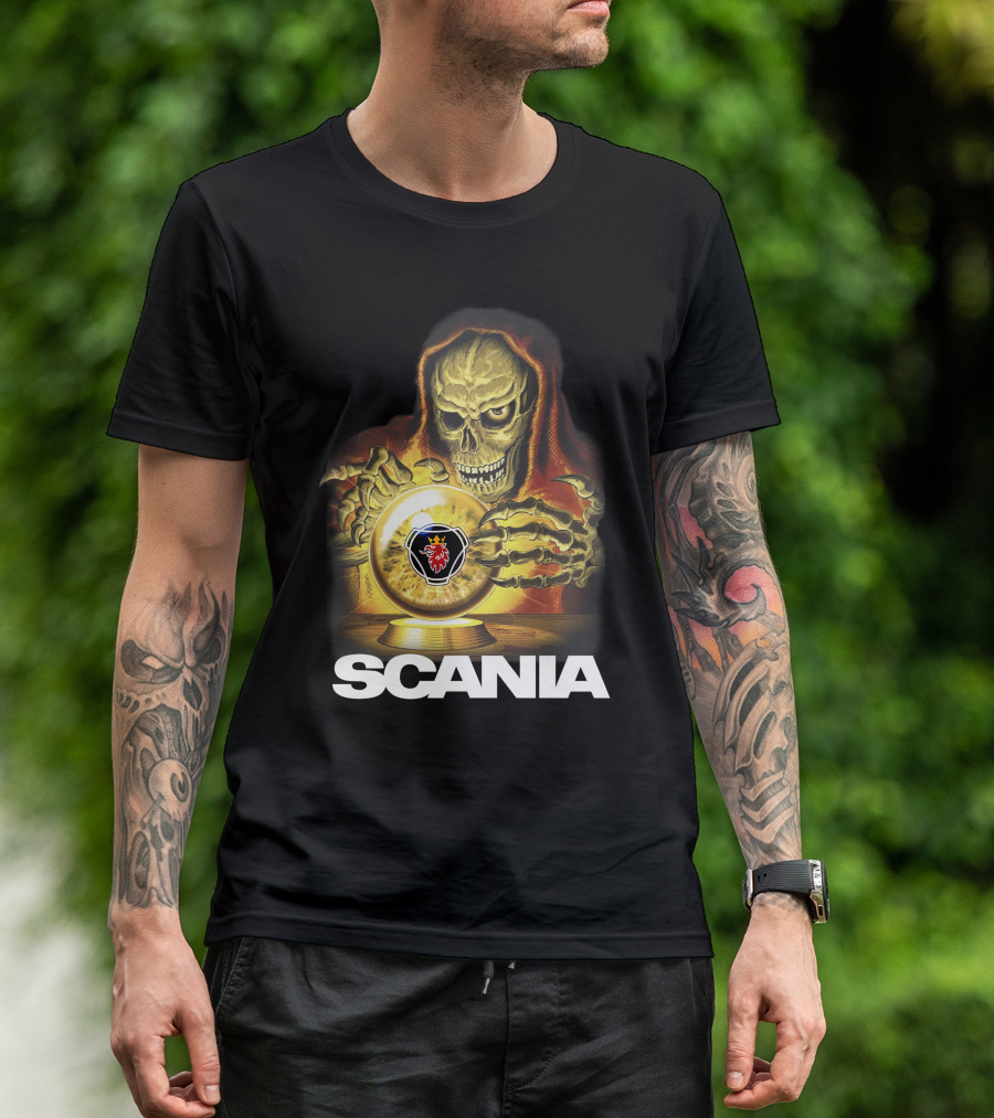 SCANIA Skeleton Hooded Figure With Crystal Ball And Red Lion Emblem T-Shirt