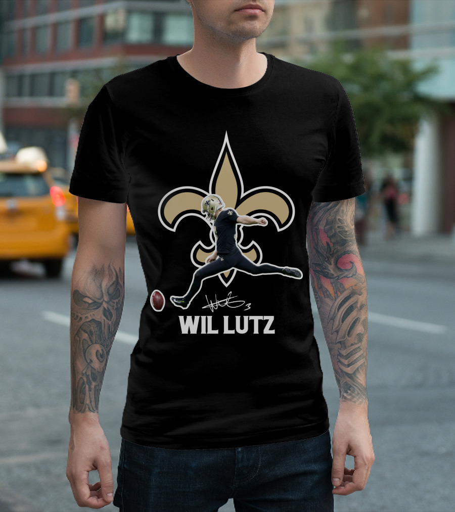 Wil Lutz New Orleans Saints Kicking Action Fleur-de-Lis T-Shirt