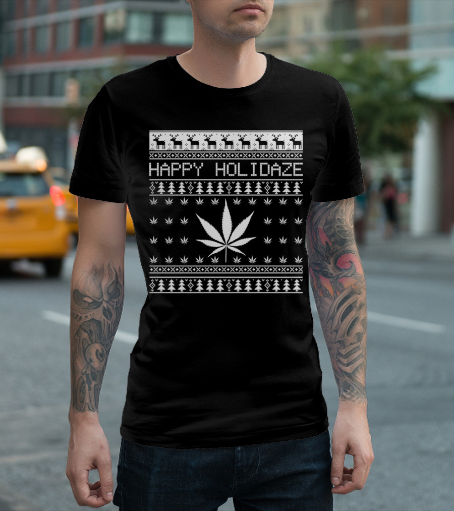 Happy Holidaze Cannabis Christmas Reindeer Trees T-Shirt