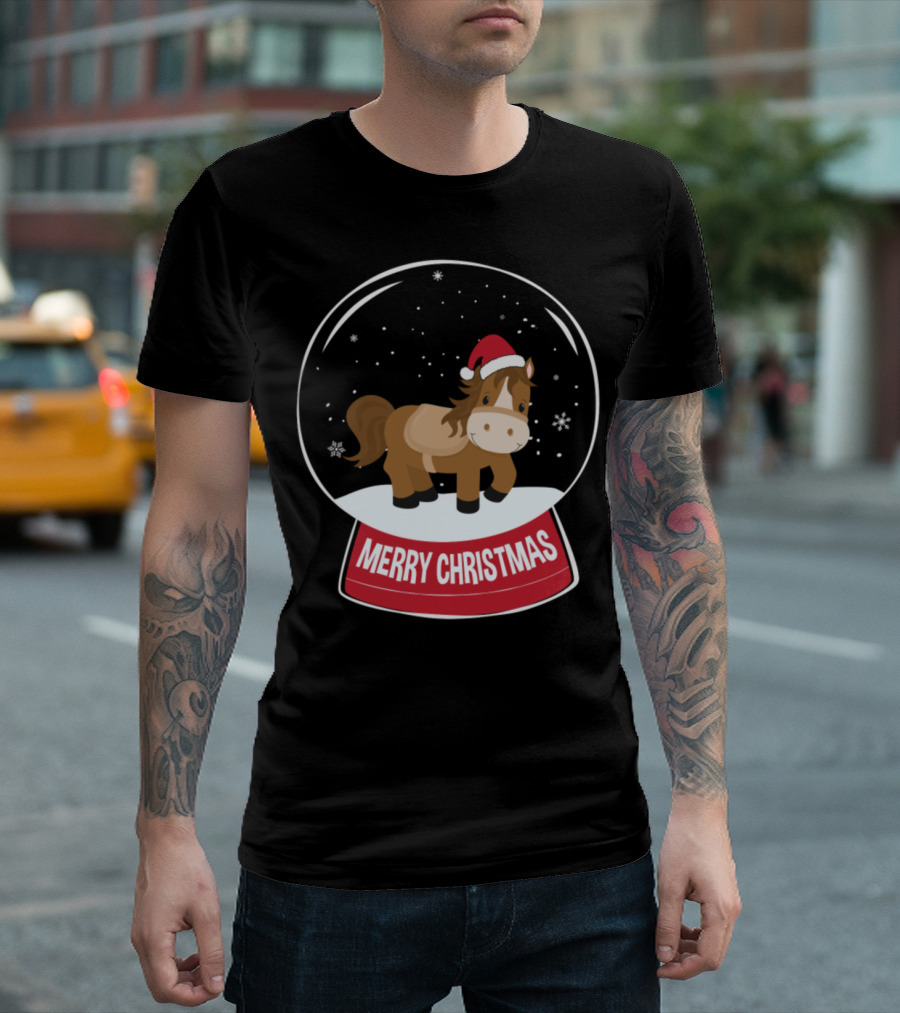 Merry Christmas Horse in Snowball with Santa Hat T-Shirt