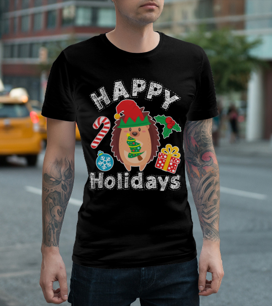 Happy Holidays Hedgehog Christmas Candy Cane Gift T-Shirt